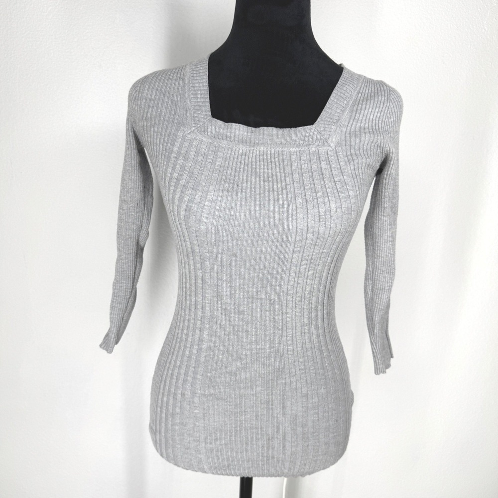 Vintage Y2K Ribbed Square Neck Fitted Knit Top Sweater Long Line Gray XS Bella‎